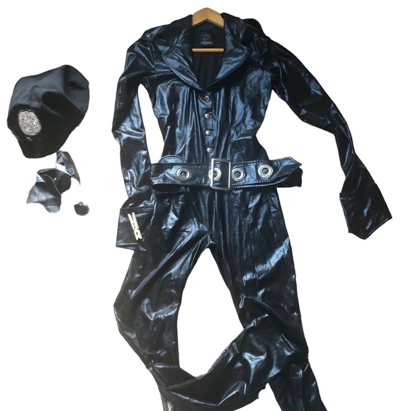 Legs Avenue Sexy Black Full Jumpsuit W/ Belt Police Officer Hat Elvis Costume M